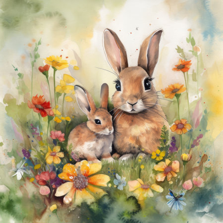 Watercolor illustration of easter bunnies and flowers on watercolor backgroundの素材