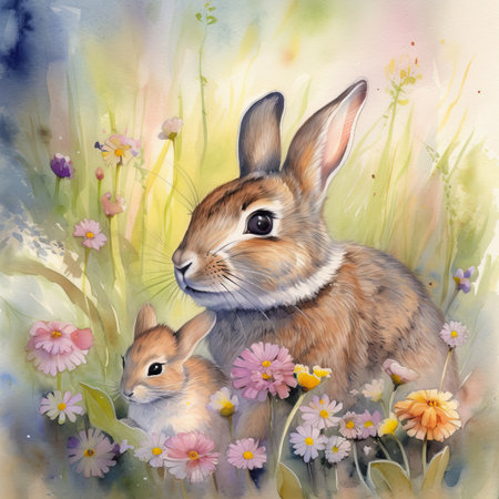 Watercolor painting of a little rabbit with a baby and flowers.の素材