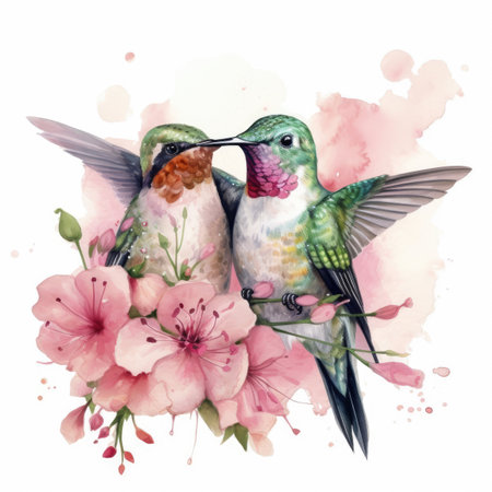 Watercolor illustration of a pair of Hummingbirds with pink flowersの素材