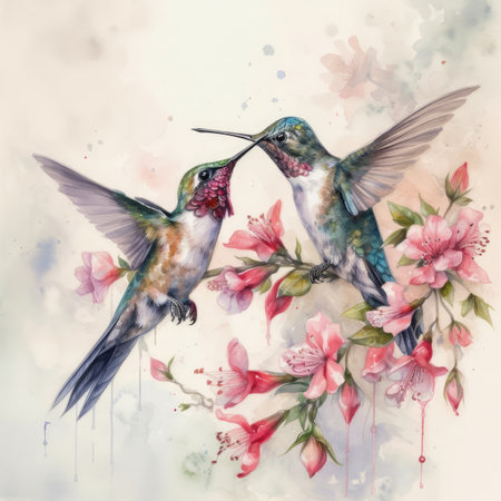 Watercolor painting of two hummingbirds sitting on blooming sakura branchの素材