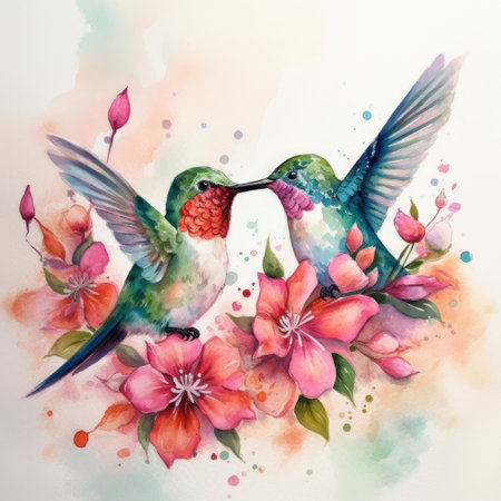 Watercolor illustration of two hummingbirds in love with flowers and leavesの素材