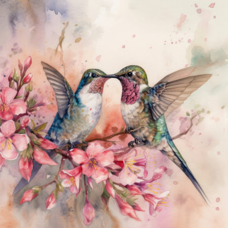 Watercolor painting of a pair of Hummingbirds and sakura flowersの素材