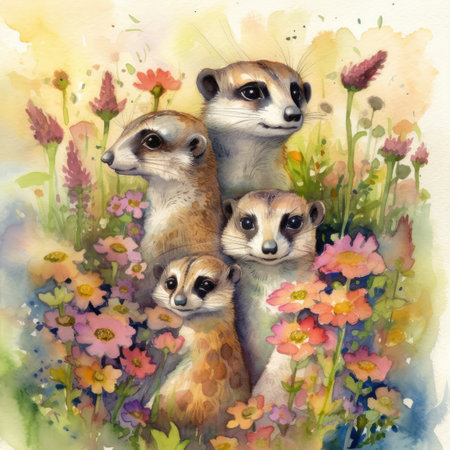 Watercolor meerkat family with flowers. Hand drawn illustration.の素材