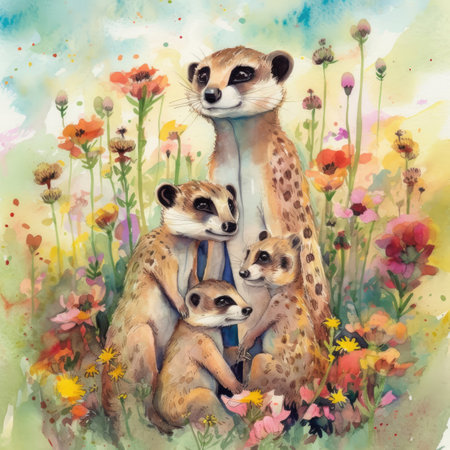 Watercolor illustration of family of meerkats sitting in the meadowの素材