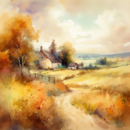 Watercolor rural landscape with a house in the middle of the fieldの素材