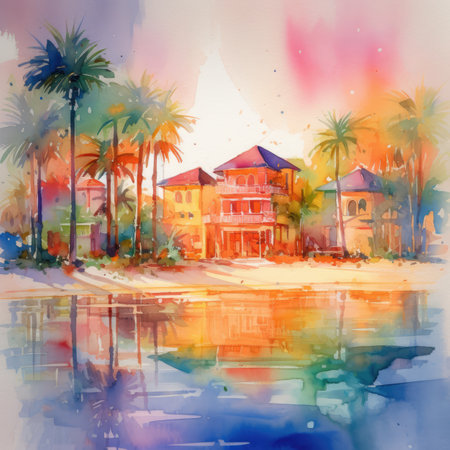 Abstract watercolor painting of palm trees and house on the beach.の素材