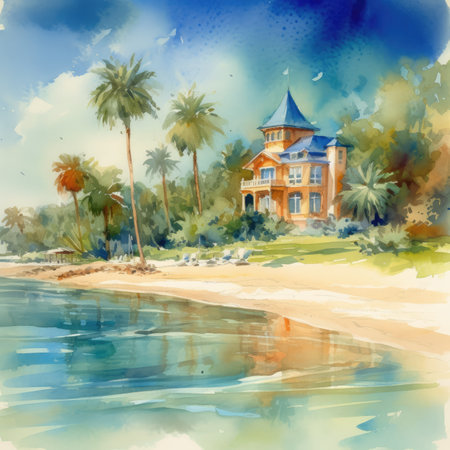 Tropical beach with palm trees and house. Watercolor illustrationの素材