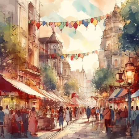Digital watercolor painting of a street in Prague, Czech Republic.の素材