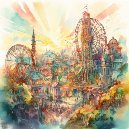 Amusement park in Paris. Hand drawn watercolor illustration.の素材