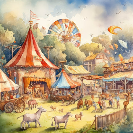 Watercolor illustration of a circus with horses, people and animals.の素材