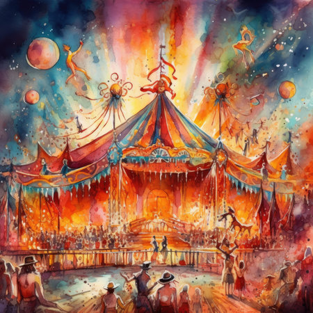 Merry Christmas and Happy New Year watercolor painting of circus attraction.の素材