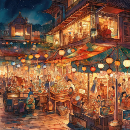 Fairy tale scene of medieval town. Illustration in oil painting style.の素材