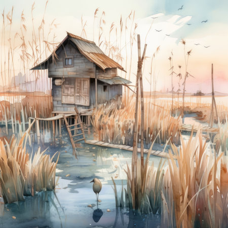Wooden house on the lake with reeds and birds. Digital painting.の素材