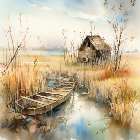 Watercolor painting of an old wooden house in the middle of a lakeの素材