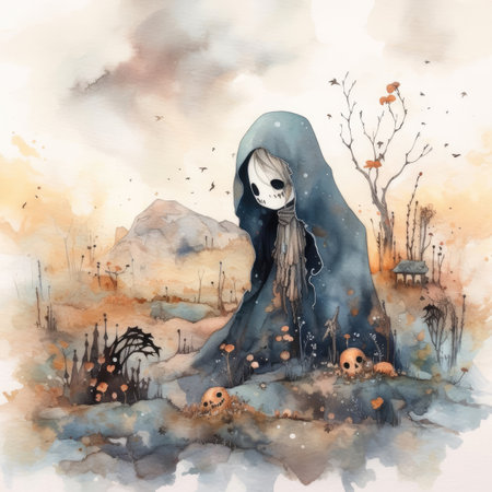 Watercolor illustration of a ghost in a cemetery with pumpkins and spidersの素材