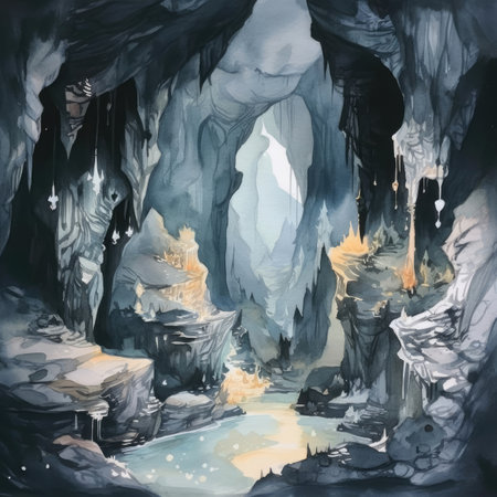 Watercolor painting of a cave with stalactites and stalagmitesの素材