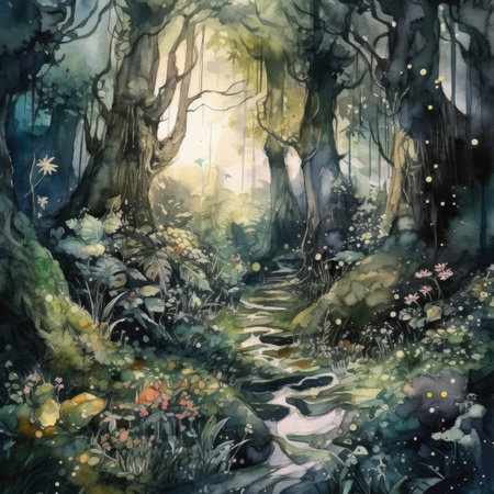 Beautiful fantasy landscape with forest and river, digital painting, illustrationの素材