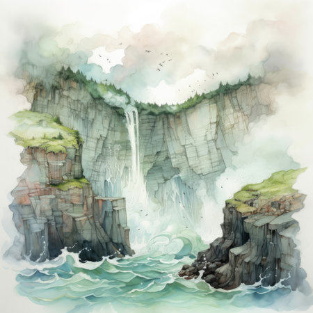 Watercolor illustration of a waterfall on the cliff in the sea.の素材