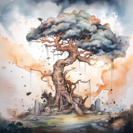 Watercolor illustration of an old tree on the shore of a lakeの素材