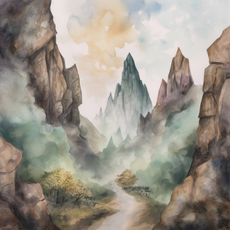 Watercolor illustration of a mountain landscape in the mist. Watercolor painting.の素材