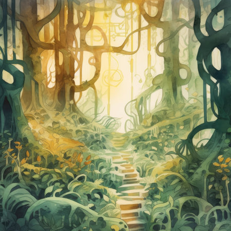 Fantasy forest with stairs and trees. Digital watercolor painting.の素材