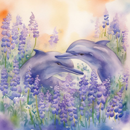 Two dolphins in a field of flowers. Watercolor illustration for your designの素材
