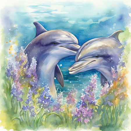 Watercolor illustration of a pair of dolphins in a field of lavenderの素材