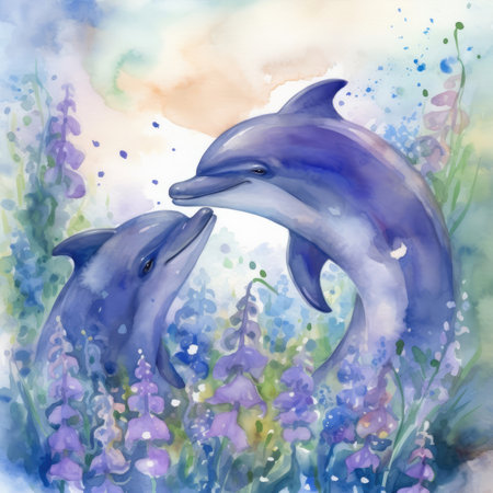 Two cute dolphins and lupine flowers. Watercolor illustration.の素材