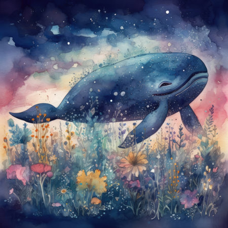 Watercolor illustration of a cute blue whale in the meadow.の素材
