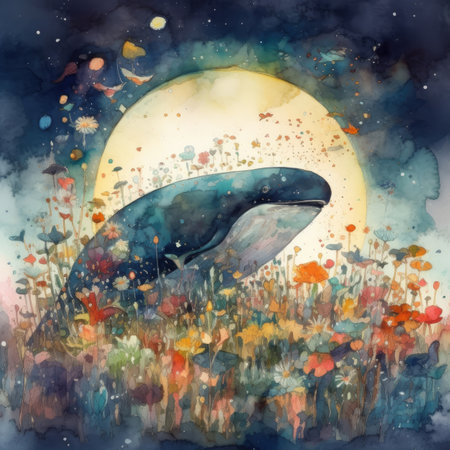 A watercolor illustration of a whale in a field of poppiesの素材