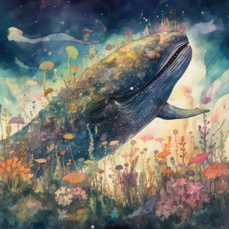Humpback whale in the meadow. Watercolor illustration.の素材