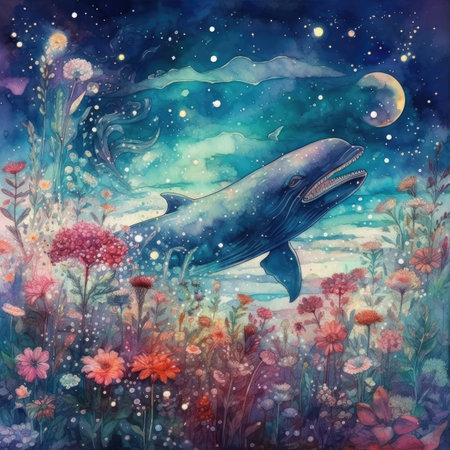 Watercolor illustration of a whale in the night sky among flowers.の素材