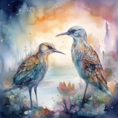 Watercolor illustration of a pair of birds on the background of the river.の素材