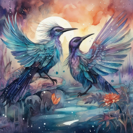 Cormorants in the forest at night. Watercolor illustration.の素材