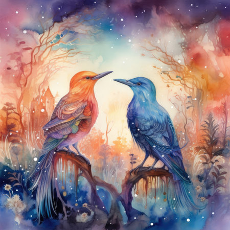 Watercolor illustration of a pair of pigeons on a background of the skyの素材