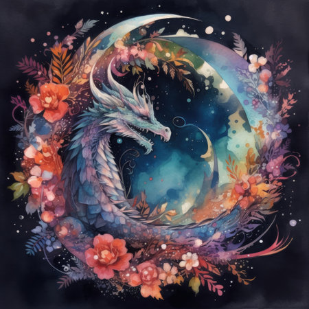 Hand drawn watercolor illustration with dragon, moon and flowers on dark background.の素材
