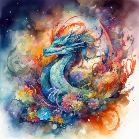 Watercolor dragon and flowers on watercolor background. Hand drawn illustrationの素材