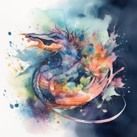 Watercolor illustration of dragon with watercolor splashes on white backgroundの素材