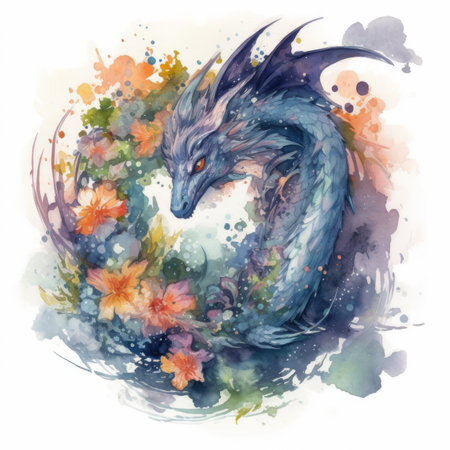 Watercolor illustration of a dragon on a background of flowers and leavesの素材