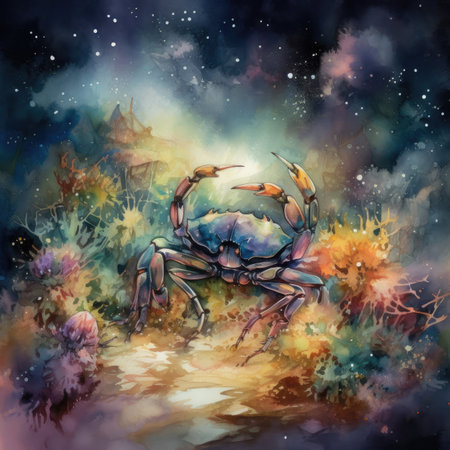 watercolor illustration of a blue crab on a background of the night skyの素材