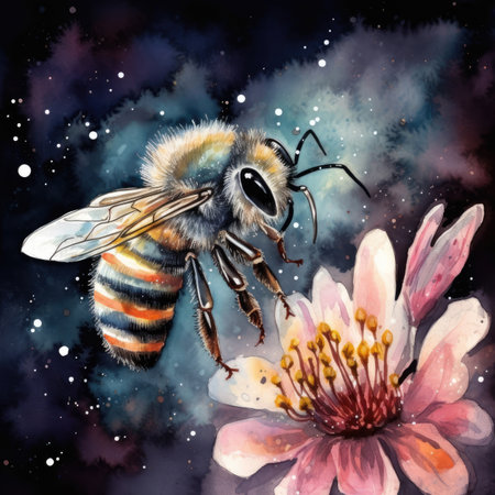 Honey bee on a flower. Watercolor painting on canvas.の素材