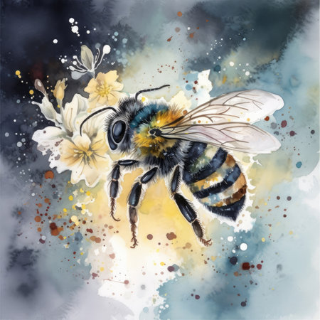 Watercolor painting of a bee with a flower on a grunge backgroundの素材