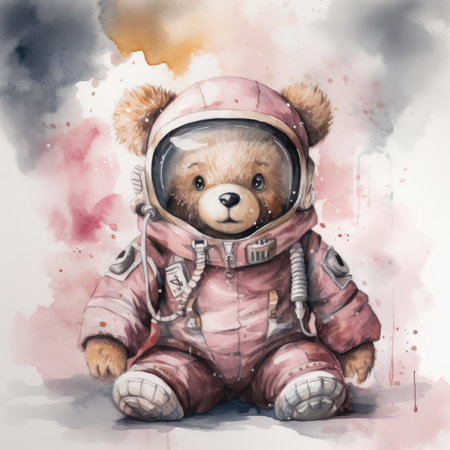 Watercolor illustration of a cute teddy bear in an astronaut suitの素材