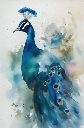 Watercolor painting of peacock on watercolor background. Hand drawn illustrationの素材