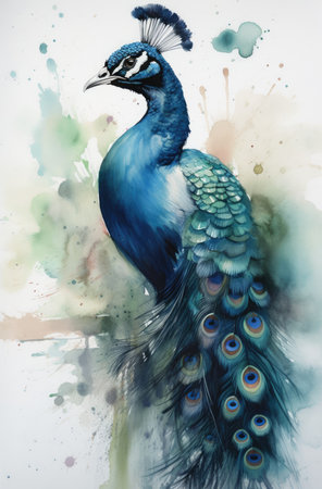 Beautiful peacock in watercolor painting. Digital art painting.の素材