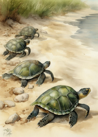 Turtles in the sand on the seashore. Illustrationの素材