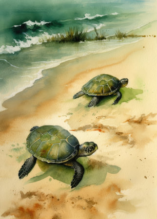 Watercolor illustration of two turtles on the seashore. The concept of wildlife.の素材