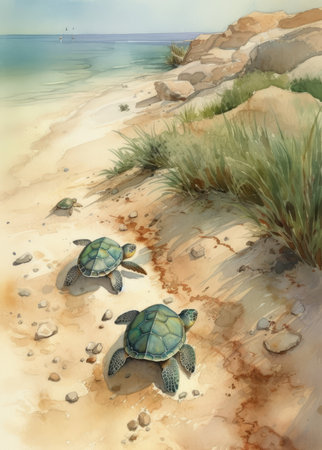 Turtles on the seashore in the sand. Digital painting.の素材