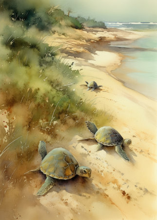 Two turtles on the beach in the sand. Watercolor painting.の素材