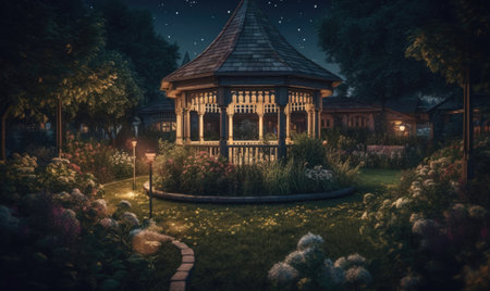 Gazebo in garden at night, 3d rendering. Computer digital drawing.の素材